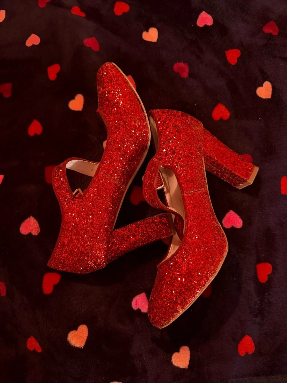 Red Glitter Mary Jane Block Heel Pumps